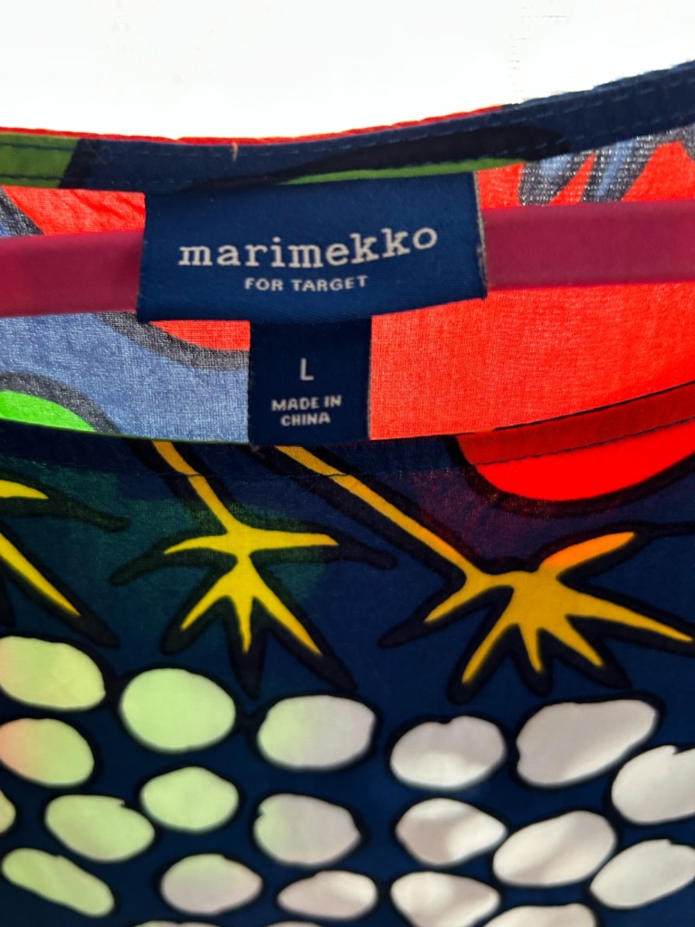 Marimekko Navy Floral Shift Dress with Red, Green, Yellow Accents - Picture 2 of 3